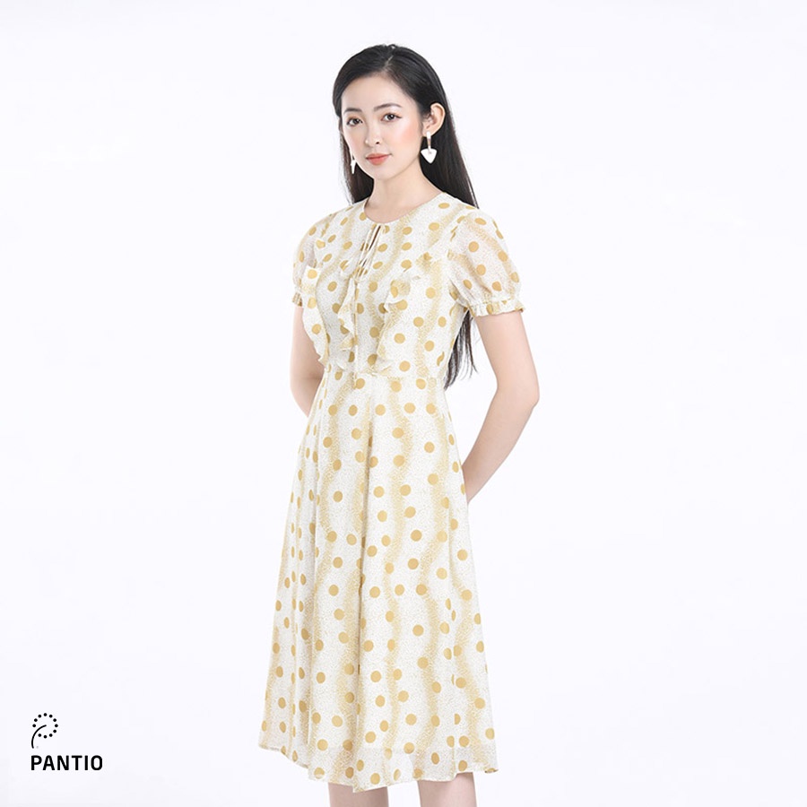 Đầm công sở chất liệu thô mềm họa tiết chấm bi cổ tròn FDC32582 - PANTO