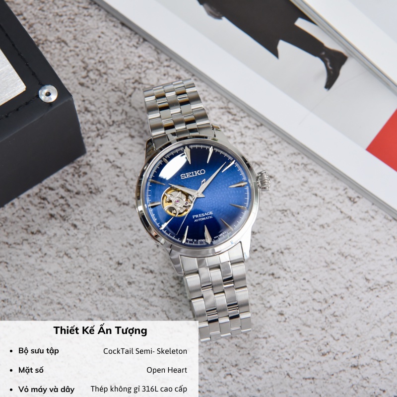 Đồng hồ Seiko Presage Cocktail SSA439J1 nam cơ lộ máy mặt kính cong chống nước dây thép cao cấp chính hãng