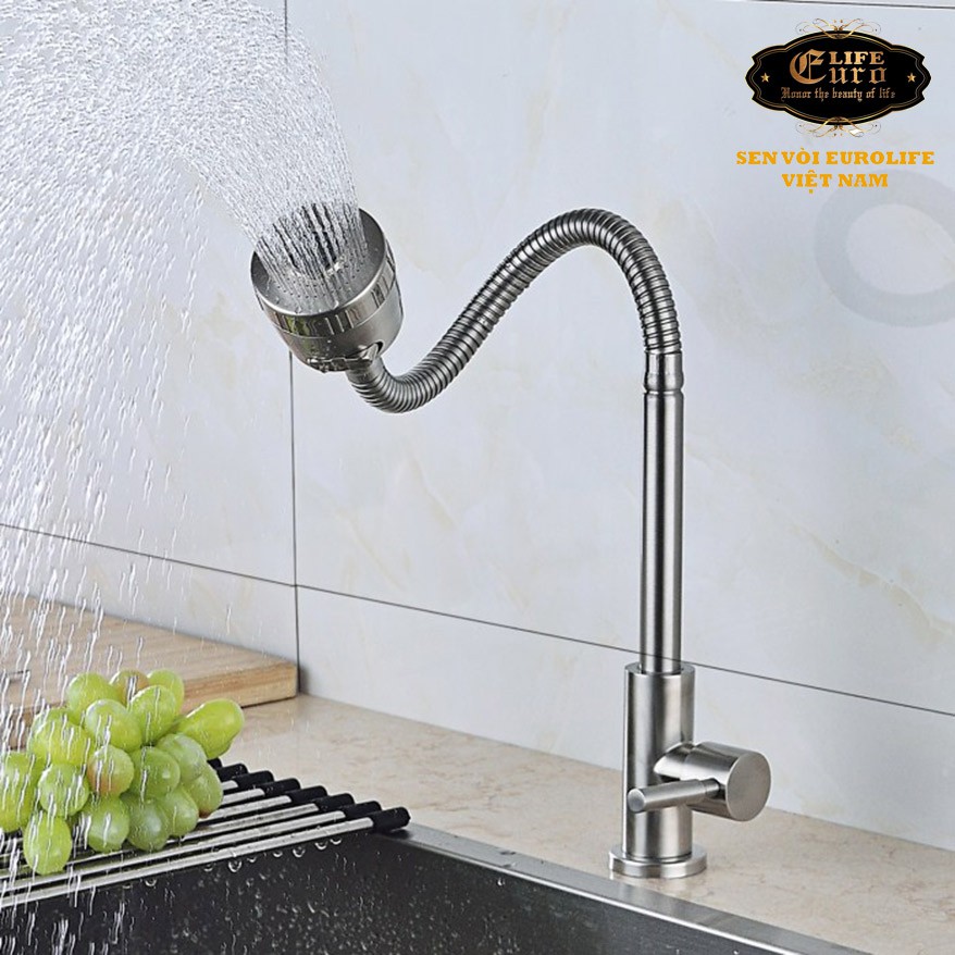 Vòi rửa chén lạnh Inox SUS 304, cần lò xo Eurolife EL-RC09  Bảo hành 2 năm