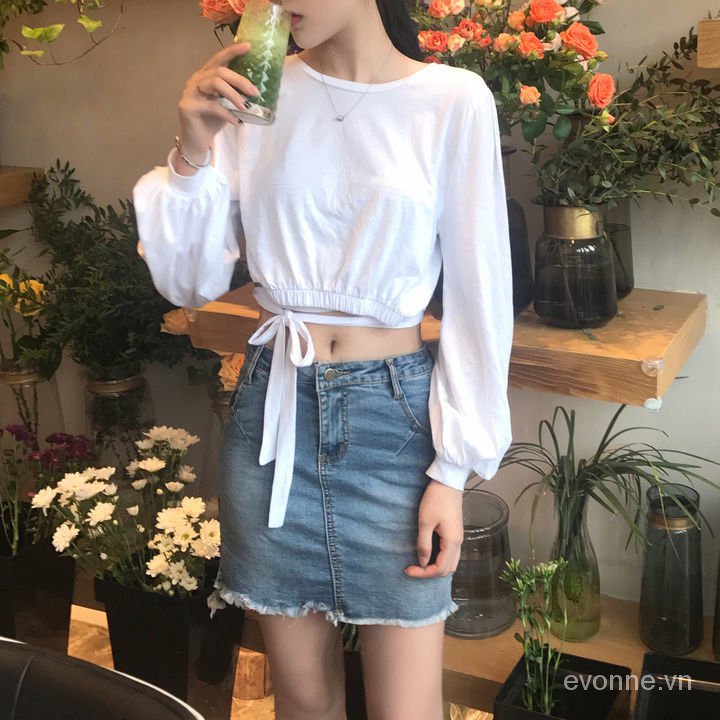 Áo Croptop Tay Dài Màu Đen Eo Cao Phong Cách Hồng Kông Quyến Rũ Cho Nữ