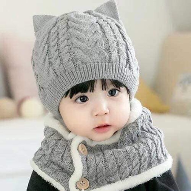 Set khăn + mũ len tai mèo lót lông cho bé