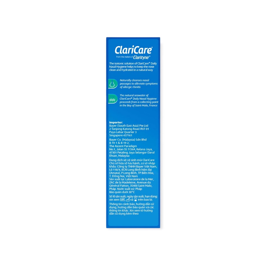 Xịt vệ sinh mũi Claricare giúp ngăn sổ mũi, nghẹt mũi, an toàn trẻ sơ sinh Claricare (Clarityn / Bayer) (Nhập khẩu Pháp)