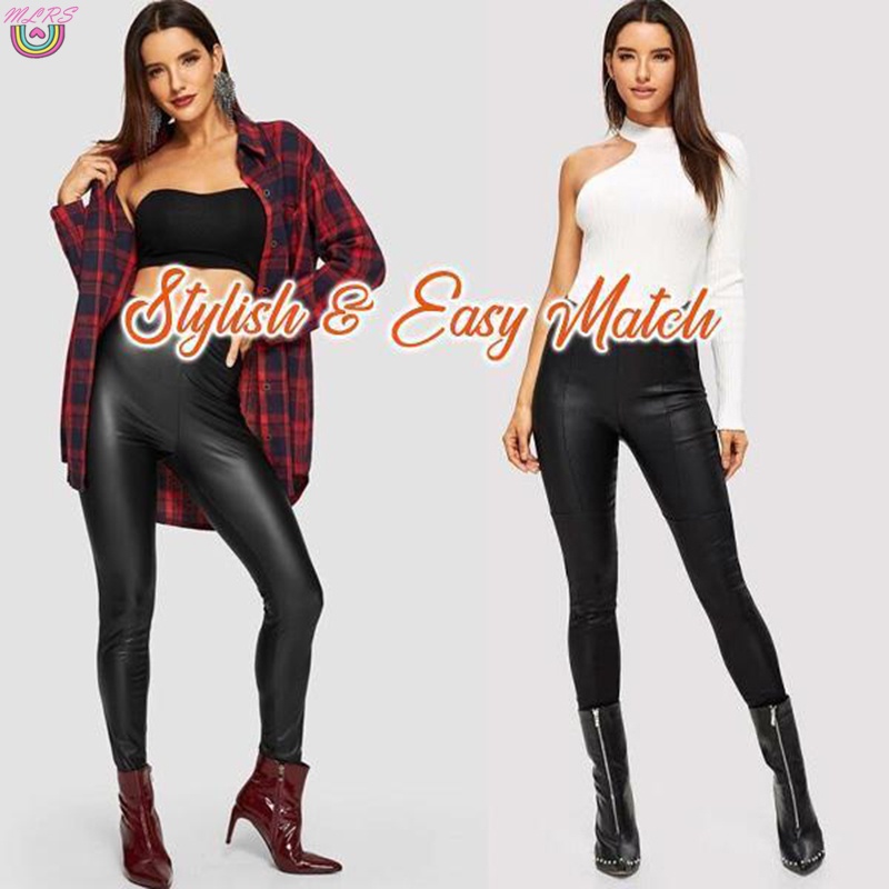 Quần Legging Da PU Lưng Cao Dáng Ôm Co Giãn Màu Đen Thời Trang Cho Nữ
