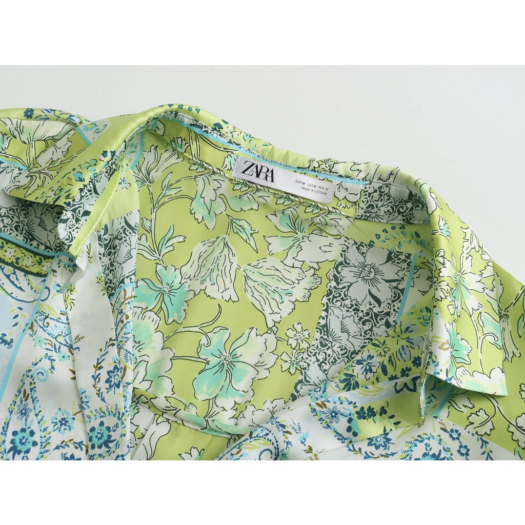 Zara Morocco full tag - Áo Zara sơ mi lụa xanh mát AH01SMLG41N10