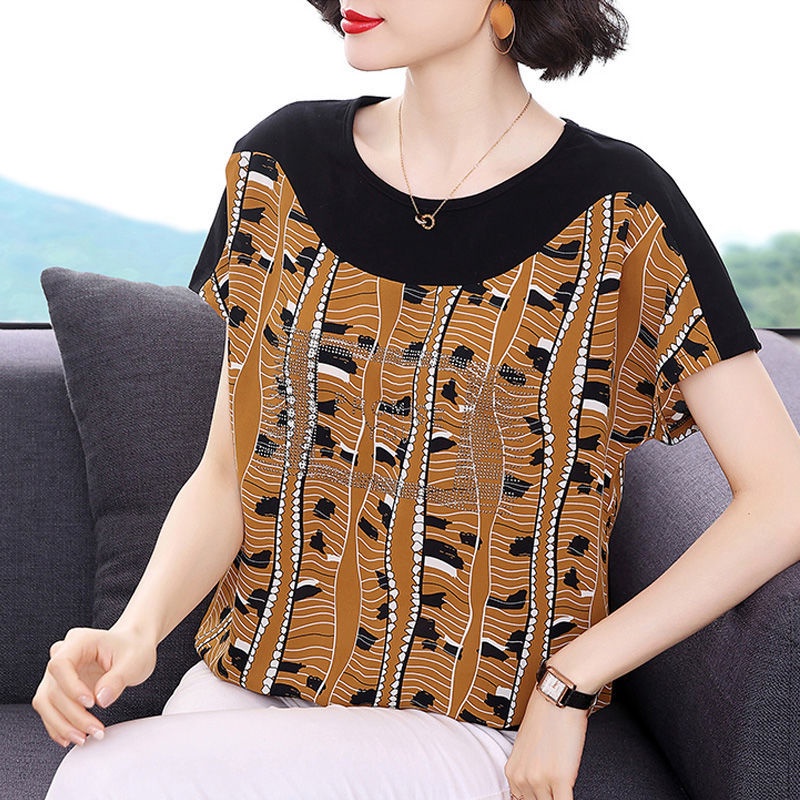 Áo thun chiffon cổ tròn tay ngắn dáng rộng thời trang mùa hè cho phụ nữ trung niên