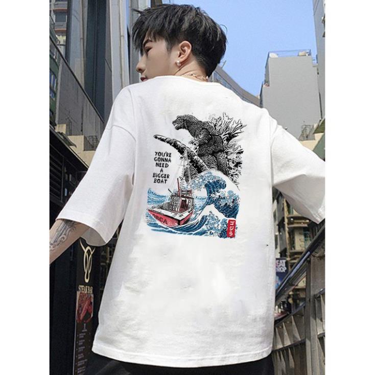 Áo thun unisex nam nữ tay lỡ họa tiết quái vật biển vải dày mịn 2021T3111