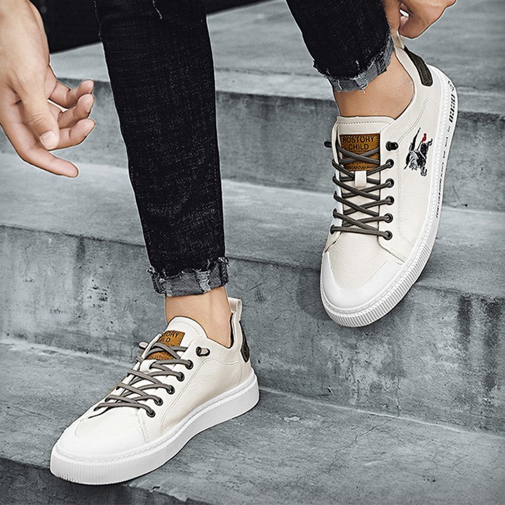 Giày Sneaker Nam Chất Liệu Simili Cổ Thấp Thêu Hình Kỵ Sĩ Cưỡi Ngựa Phong Cách Trẻ Trung Đơn Giản