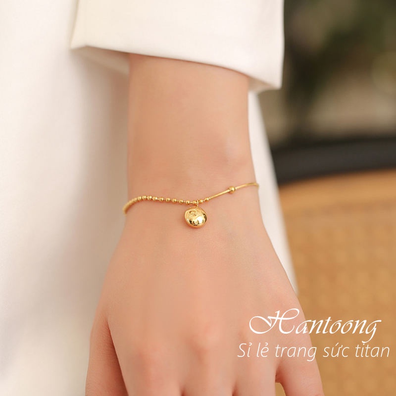 Lắc tay titan không gỉ, vòng tay titan mạ vàng 18k dạng bi tròn xinh xắn khắc chữ may mắn phong cách ins hàn quốc