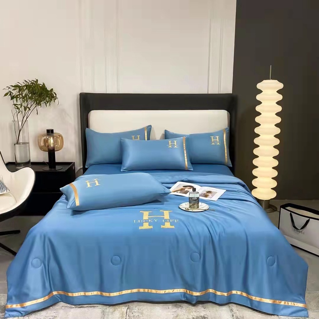 Bộ chăn ga gối lụa Dream city và lụa chữ H sang chảnh chăn trần hè mát lạnh giá rẻ