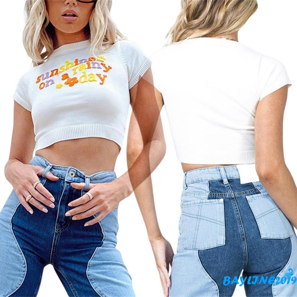 Áo Thun Croptop Dệt Kim Tay Ngắn Cổ Tròn In Họa Tiết Hoa Và Chữ Thời Trang Mùa Hè Size S / M / L