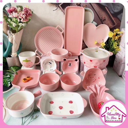 Set Bát Đĩa Decor Hồng cute Bát Ăn Cơm Chén Dĩa Dễ Thương Bát Ăn Dặm Cho Bé