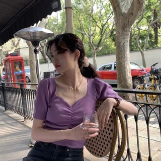MS009 Áo len croptop rúm ngực tay bồng