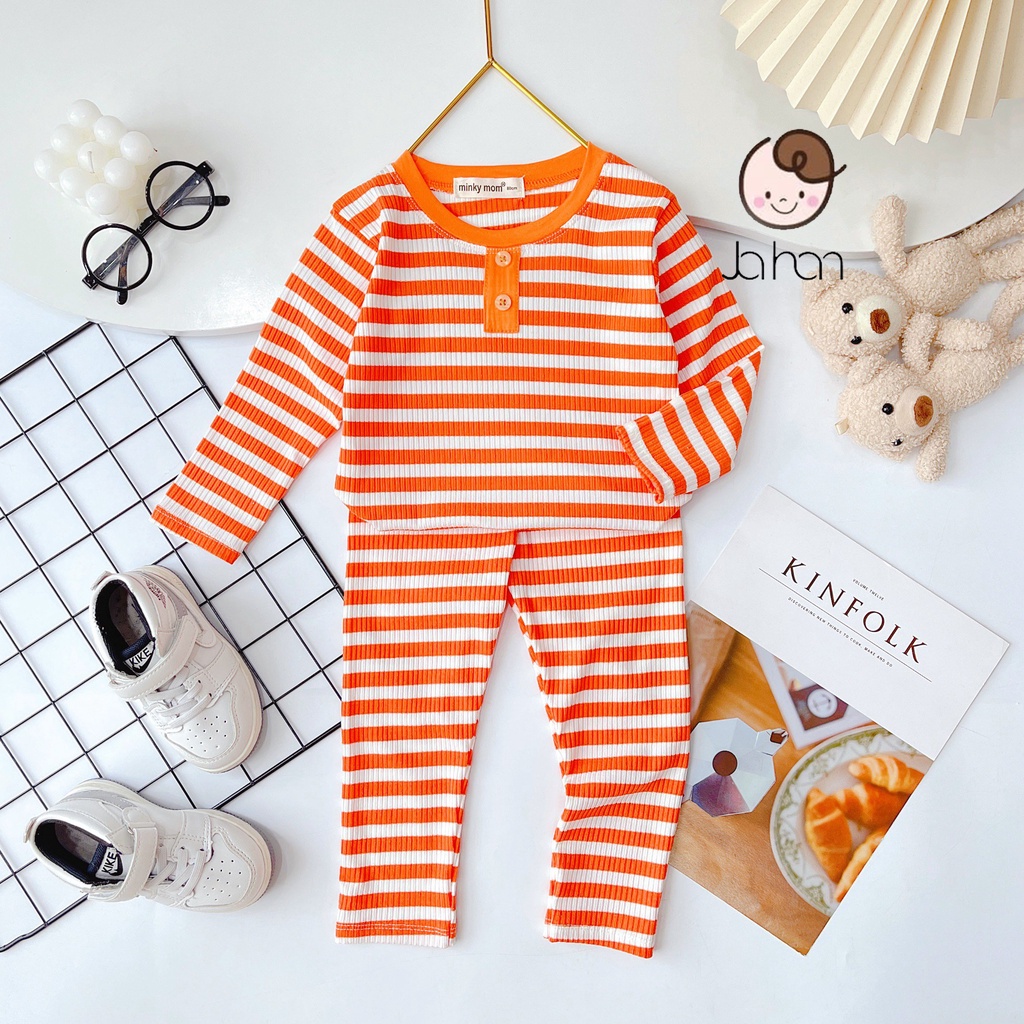 Bộ Dài Tay Cho Bé Trai, Bé Gái MINKY MOM Vải Thun Gân Cổ Trụ Phối Sọc Dễ Thương, Bộ Quần Áo Cho Bé Mặc Nhà TDK