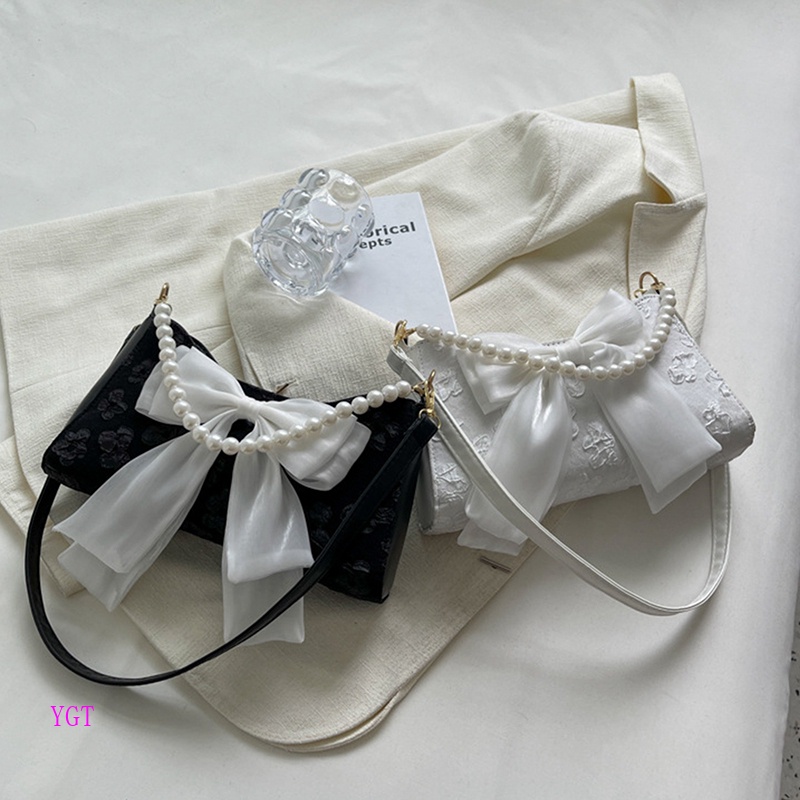 Ygt Túi Xách Đeo Vai / Đeo Dưới Cánh Tay Cỡ Nhỏ Bằng Nylon Mềm Đính Nơ Phối Dây Xích Ngọc Trai Giả Kiểu