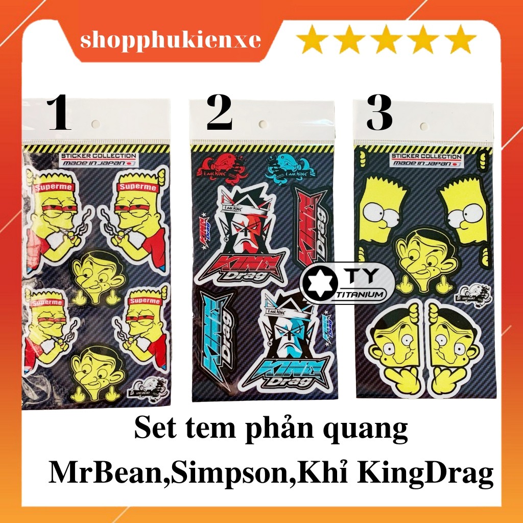 Set Tem Phản Quang hình MrBean, Simpson, Khỉ KingDrag cực đẹp