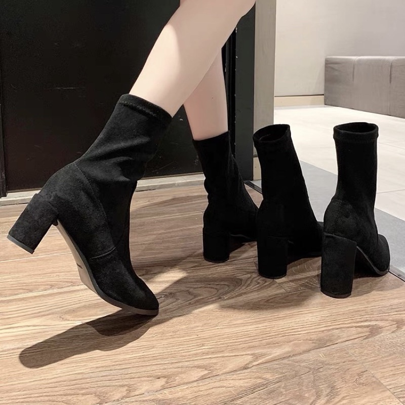 Bốt nữ da lộn cổ ngắn mũi nhọn đế cao 5-7-9cm