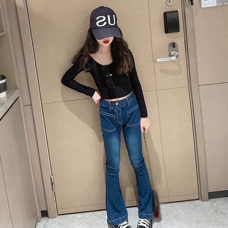 Quần Jeans Dài Ống Loe Có Túi Trước Và Sau Lưng Phong Cách Hàn Quốc Cho Nữ