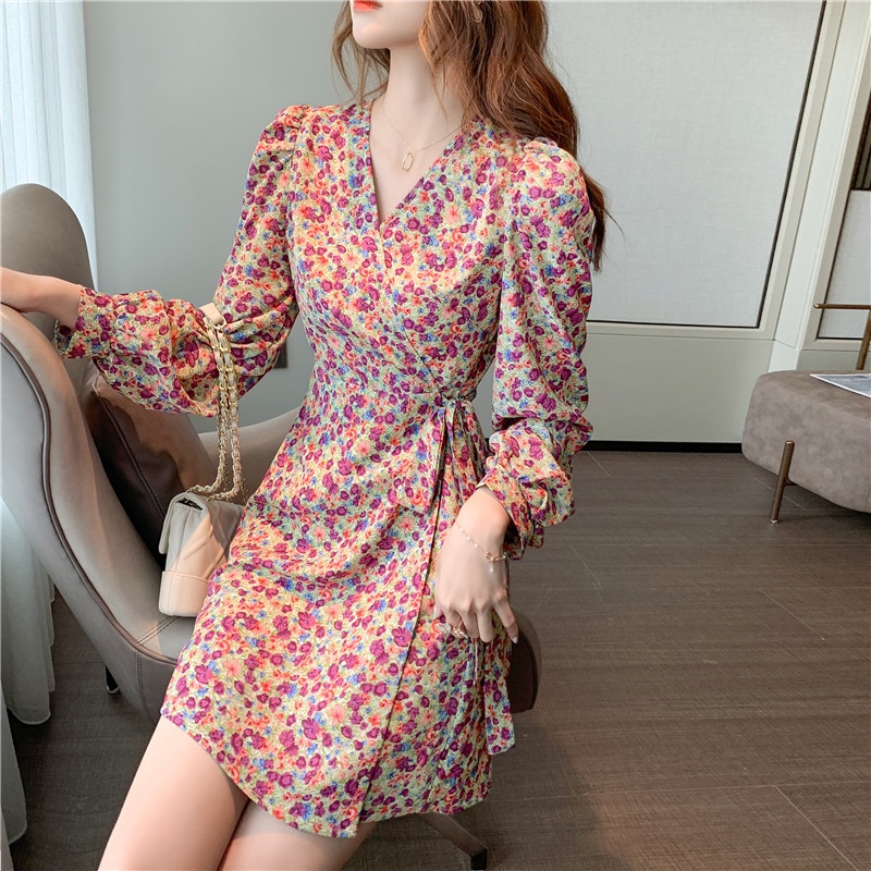 IELGY IELGY Đầm chiffon Chữ A Tay Dài Dáng Ôm In Họa Tiết Hoa Thời Trang Cho Nữ