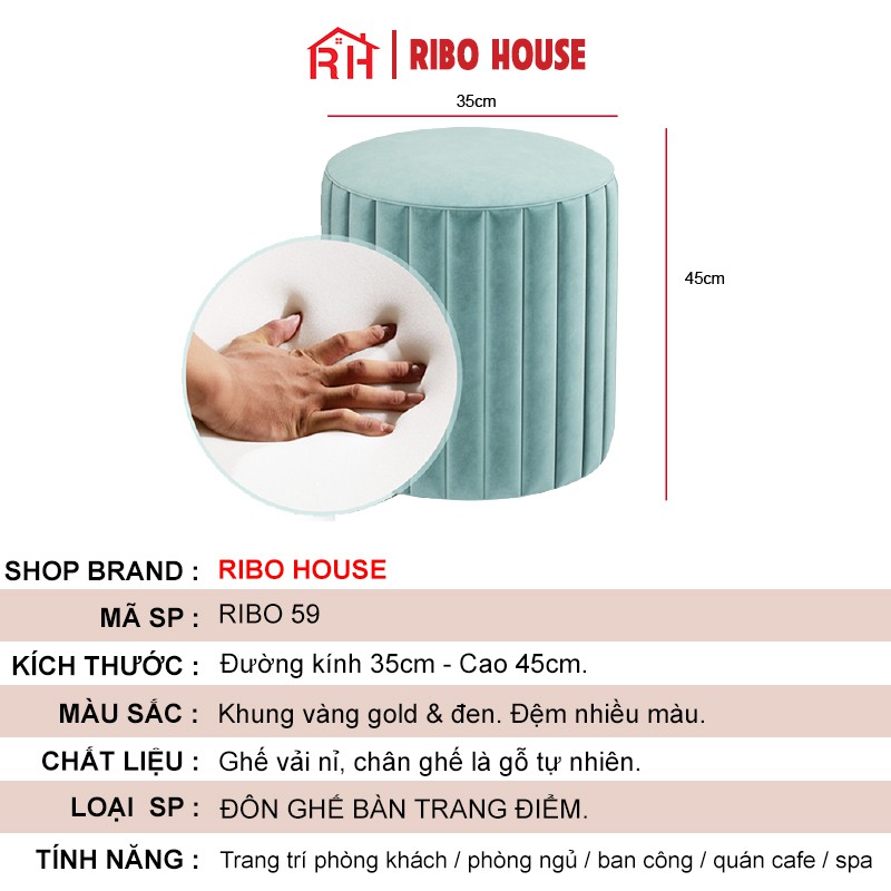 Ghế đôn RIBO HOUSE vải nhung nỉ, ghế trang điểm trang trí decor phòng ngủ tiệm nails spa homestay salong tóc RIBO59