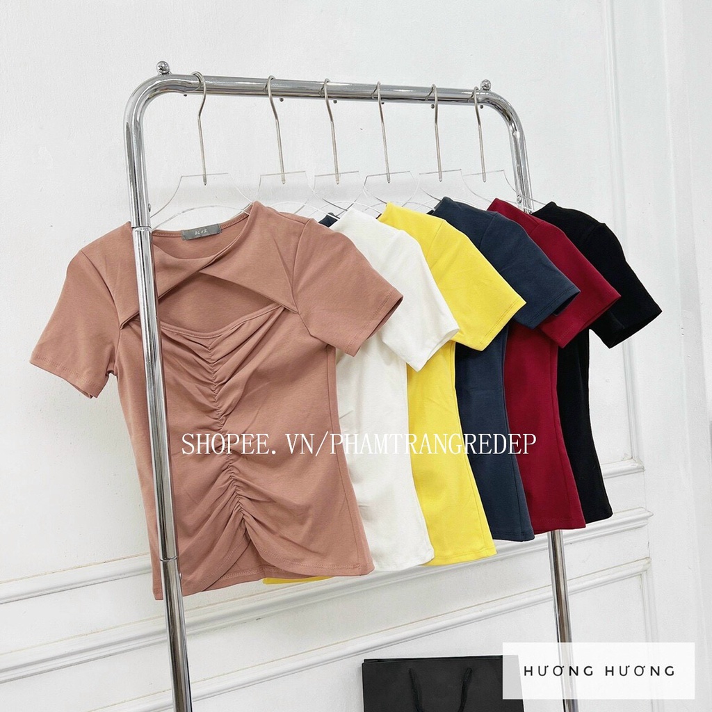 Áo xoắn cổ hở tay ngắn , Áo thun kiểu rúm bụng dáng ôm body AT10 - phamtrangredep shop