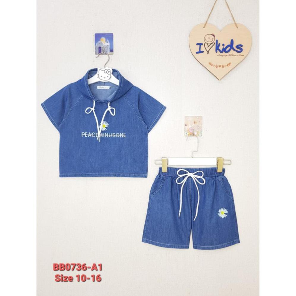 BB0736-A1 - Bộ bé gái jean có mũ ngắn tay , thêu hoa cúc , màu xanh đậm , size 10t-16t , R7
