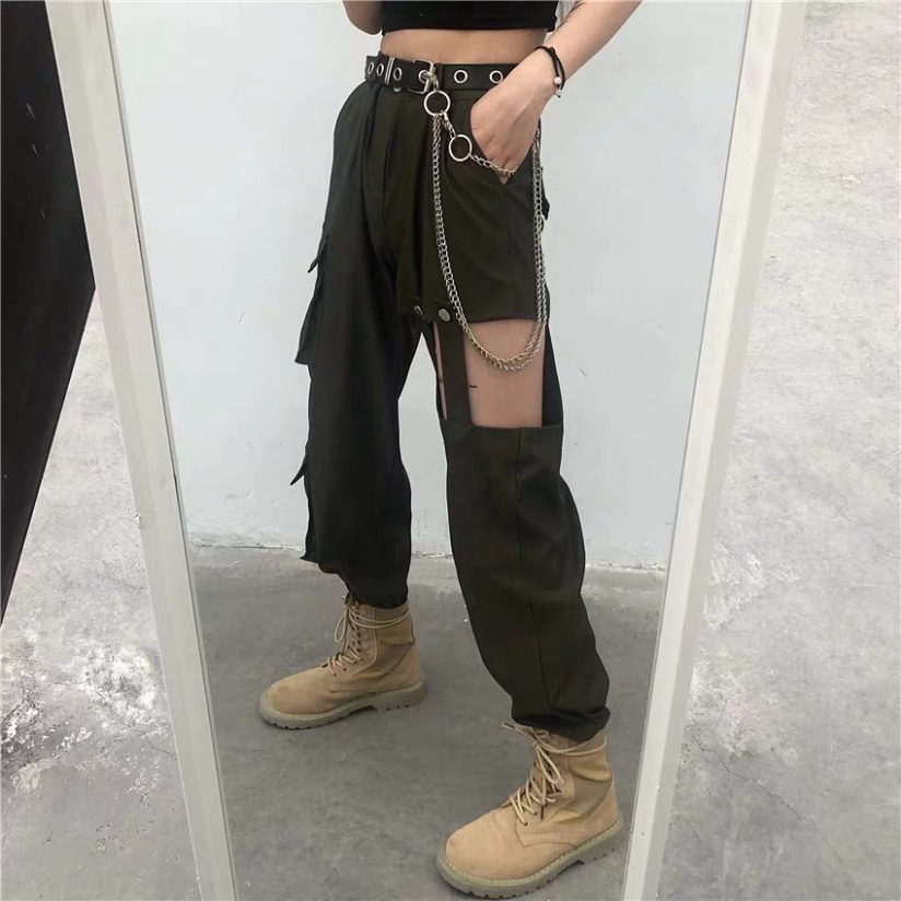 Quần jogger hở đùi dây nối ống suông sexy, quần nhảy hiphop phong cách Châu Âu