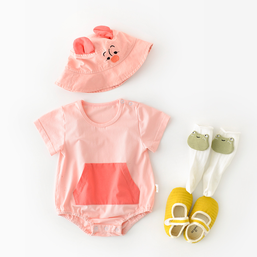 Bộ Áo Liền Quần Vải Cotton Tay Ngắn Phối Mũ Dễ Thương Cho Bé