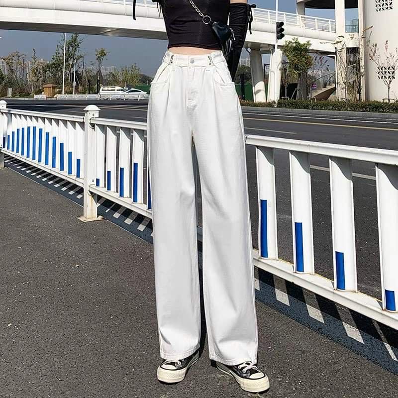 Quần suông trắng ống rộng cạp khuy oversize phong cách Unisex