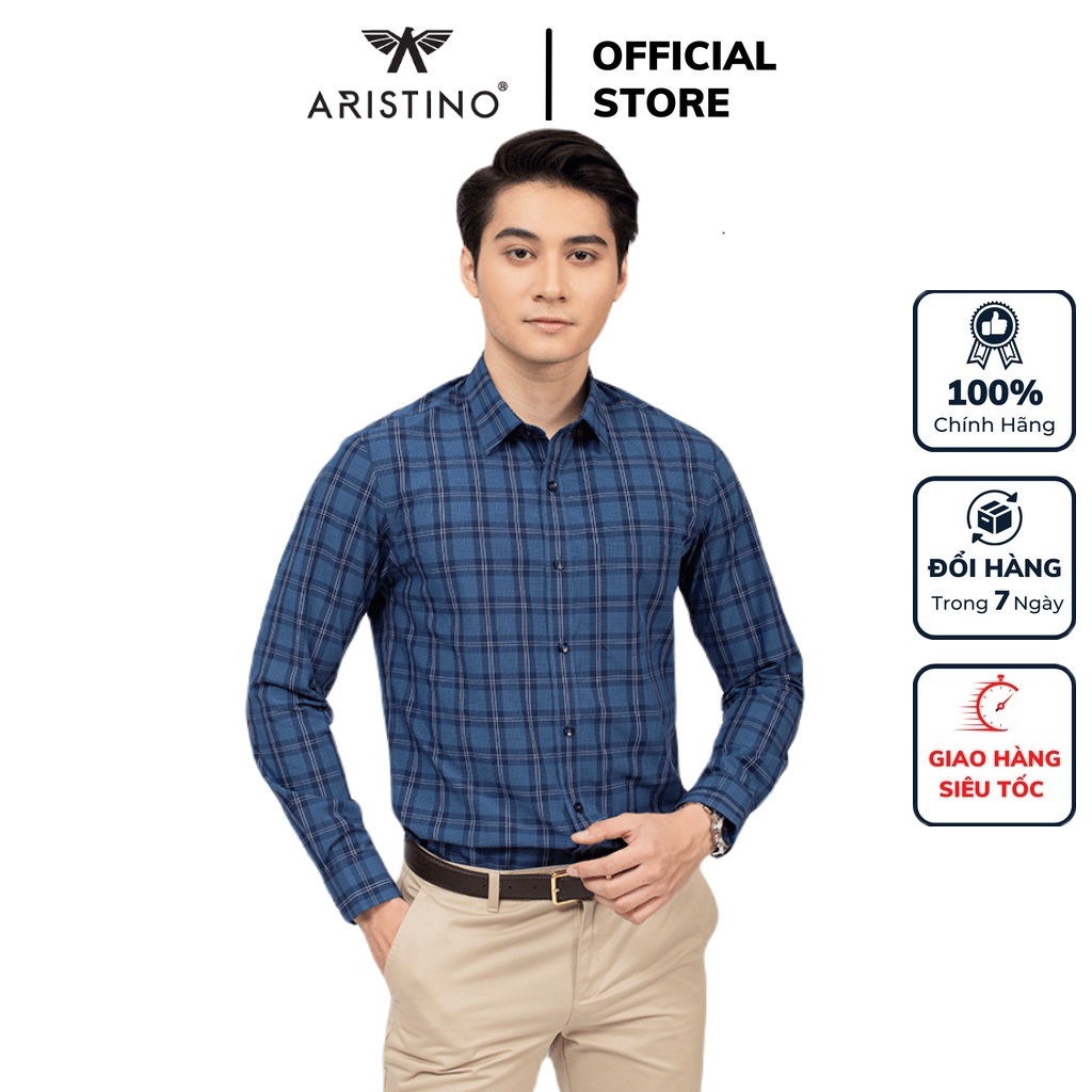 Áo sơ mi nam dài tay ARISTINO ALS42502 somi công sở vải sợi tre cao cấp màu xanh than kẻ trắng dáng suông tà lượn có túi