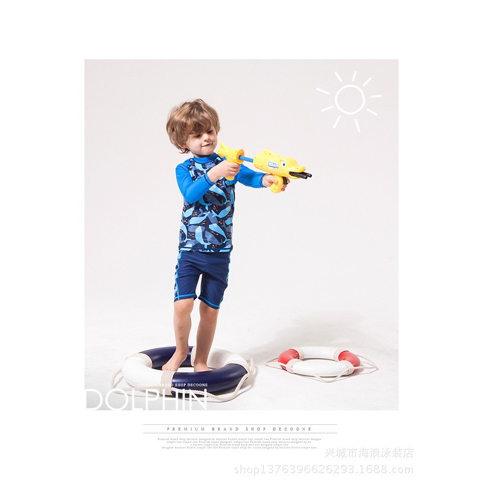 Đồ bơi bé trai hình cá màu xanh size 15-32kg