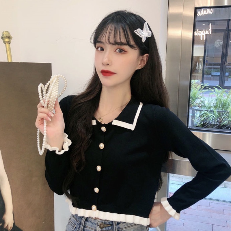 Áo Dệt Kim Tay Dài Cổ Búp Bê Xinh Xắn Thời Trang Cho Nữ