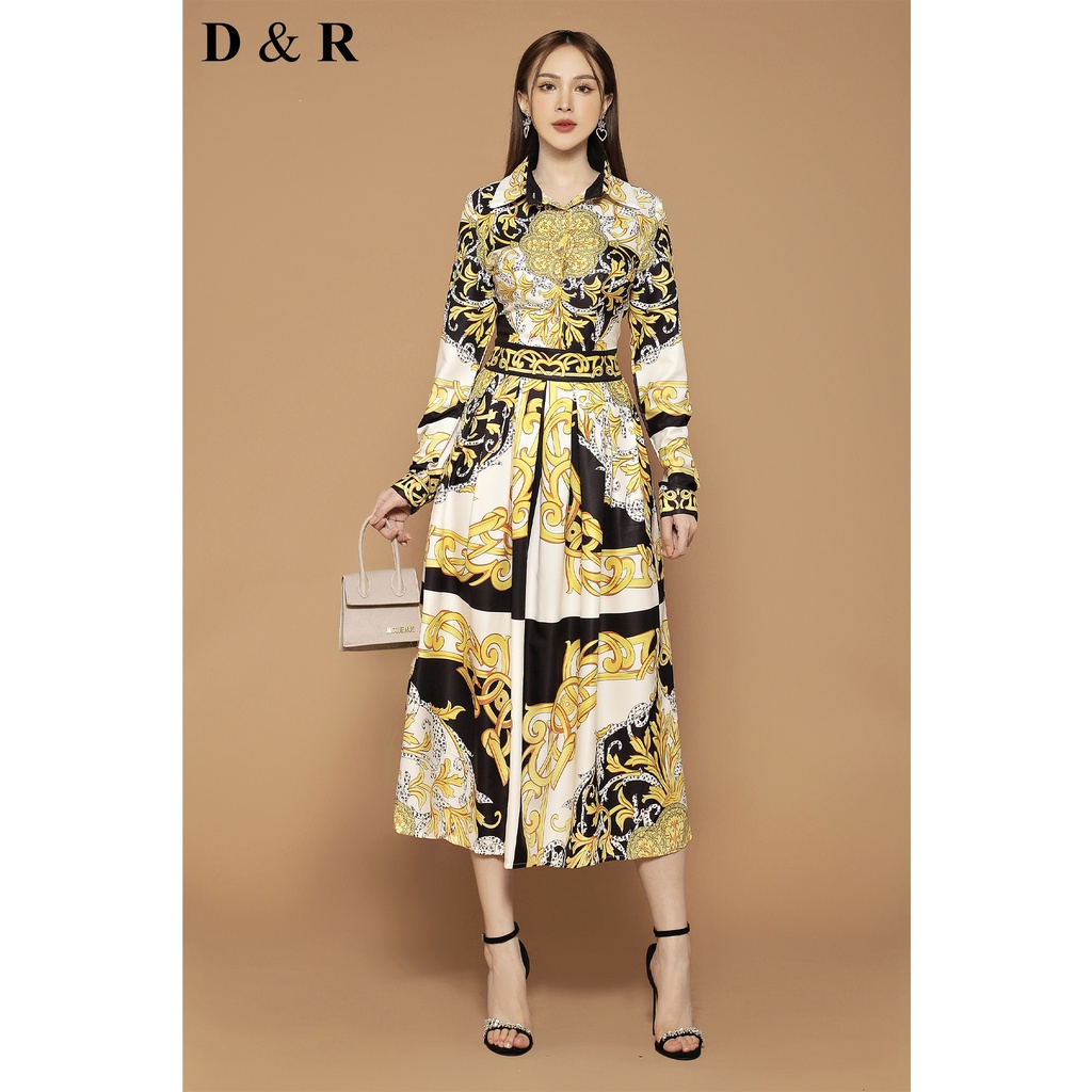 Đầm dự tiệc thiết kế họa tiết print sang chảnh Quảng Châu cao cấp váy lụa dài thương hiệu thời trang D&R D182