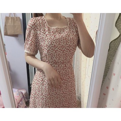 Váy hoa nhí vintage dáng dài cổ vuông loại 1 quảng châu - Jena Fashion