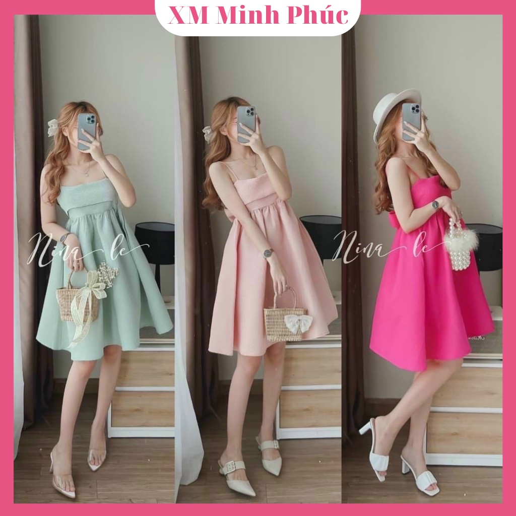 Váy 2 Dây Nơ Lưng Babydoll Sẵn 4 Màu( HỒNG, ĐEN, TRẮNG, XANH) Phù Hợp Đi Chơi, Đi Tiệc Thời Trang Nữ Xm Minh Phúc