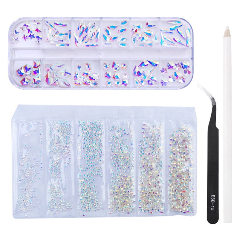 1 Bộ Dụng Cụ Trang Trí Móng Tay Nghệ Thuật Kính Nhiều Hình Dạng Kèm Bút Chấm + Nhíp Chấm Bi
