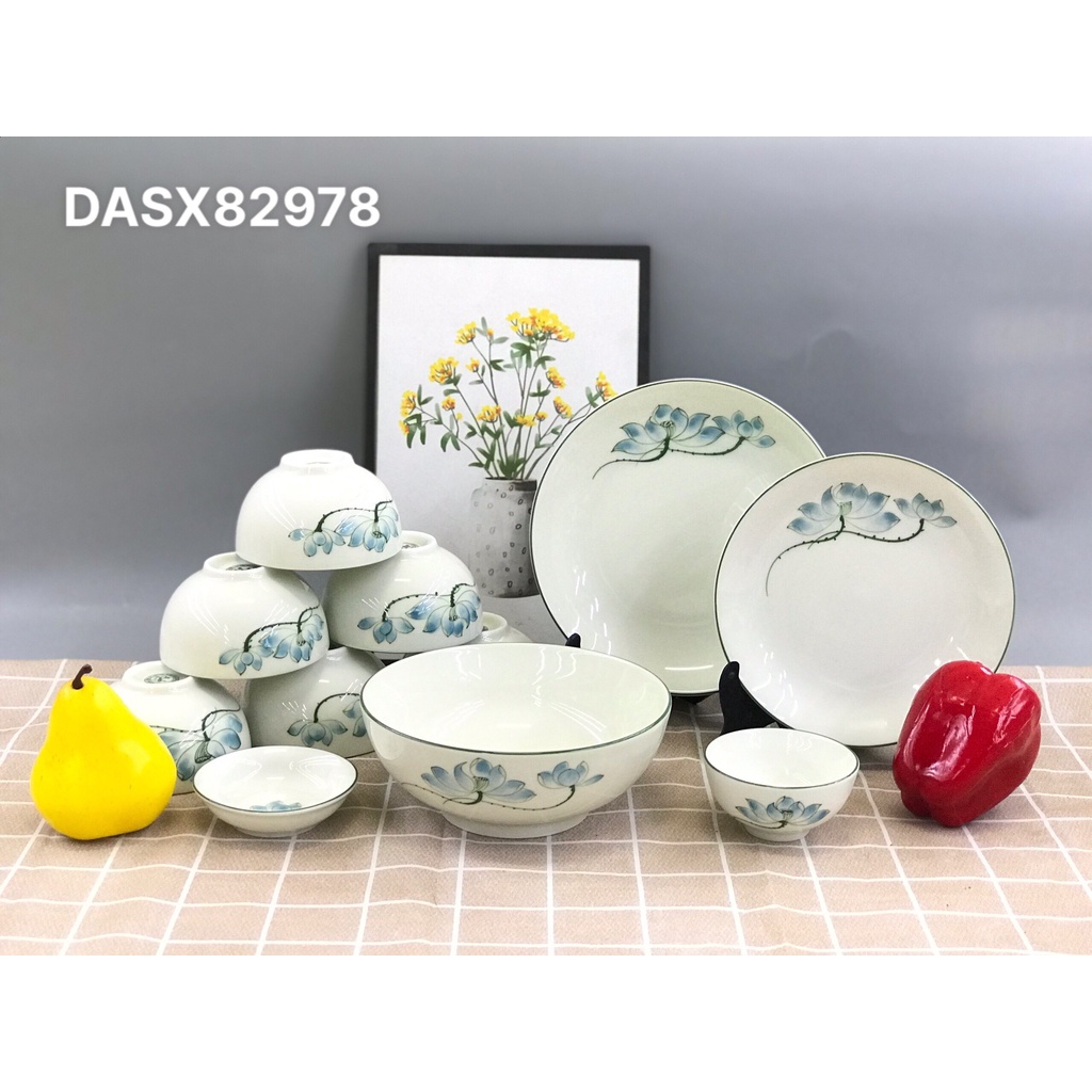 Bộ bát đĩa bộ tô chén dĩa men kem hoạ tiết sen xanh gốm sứ Bát Tràng