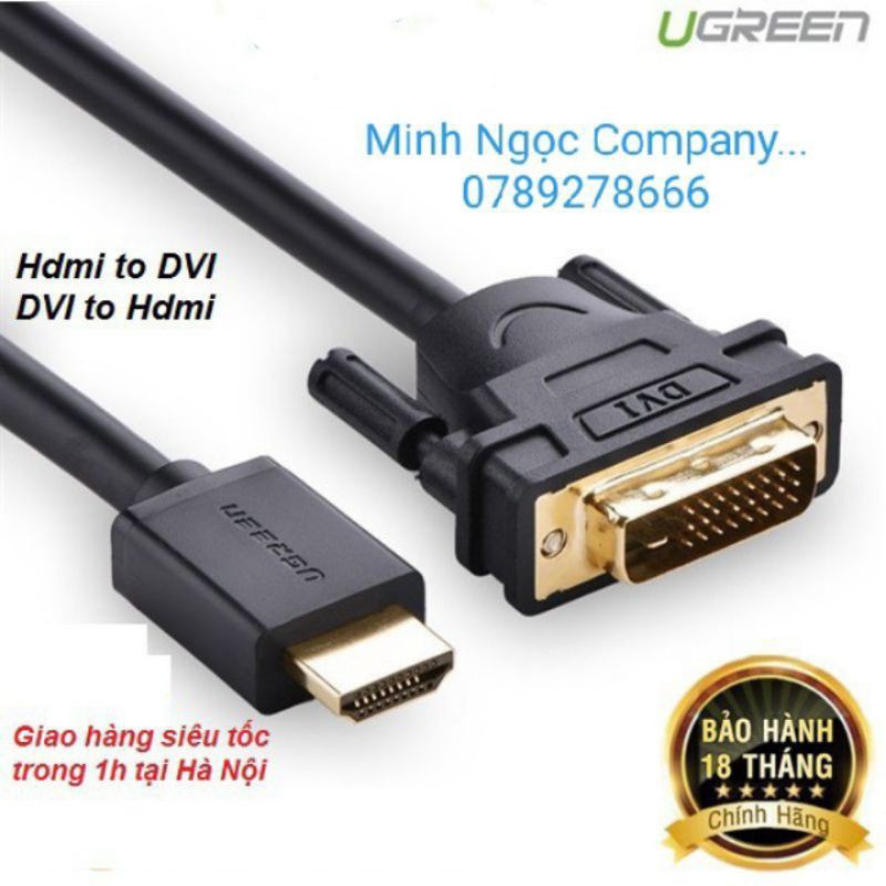 Cáp HDMI to DVI 24+1 dài 2m cao cấp Ugreen 10135 - Sản Phẩm Chính Hãng Bảo Hành 18 Tháng