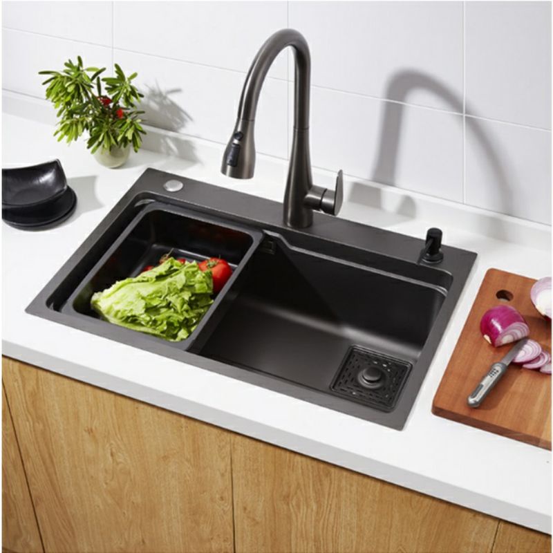 Bồn chậu rửa chén bát inox 304 1 hố lớn nano đen bạc 78x46cm dày 3.5 li