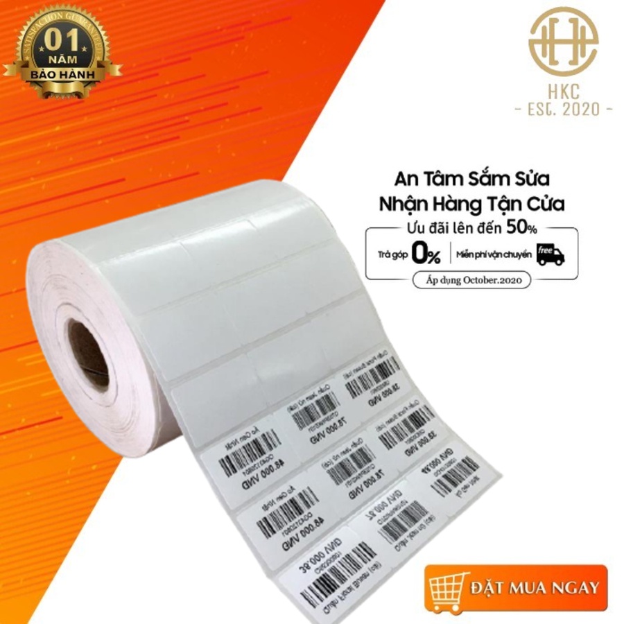 Giấy in tem khổ 35x22 mm, 3 tem/hàng, cuộn 50m, khổ 110mm, in mực