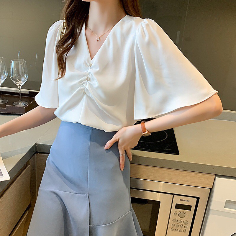 váy suôngváy body◙◑♛Real shot hè 2021 phong cách mới phiên bản Hàn Quốc áo sơ mi tay ngắn loe cổ chữ V mùa