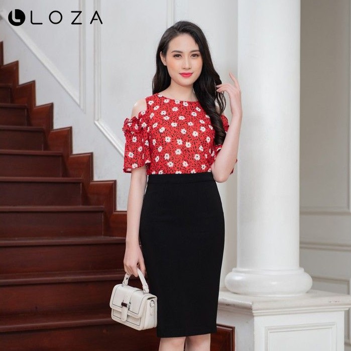 [Mã FASHIONMALLT4 giảm 15% đơn 150k] Áo sơ mi nữ LOZA hở vai hoa trắng nền đỏ - LS1332DO
