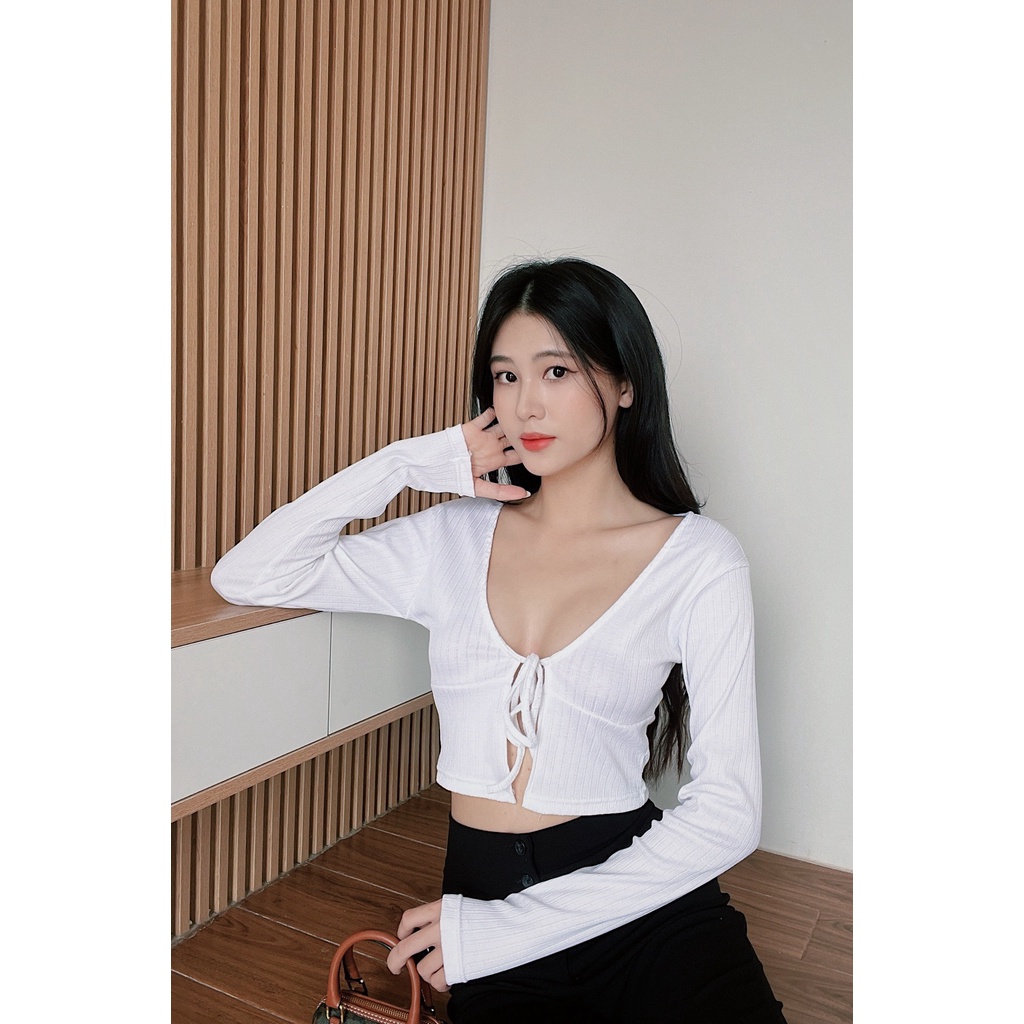 Áo croptop nữ tay dài HHVINTAGE kiểu cổ tim cột dây thun co giãn TOP A49