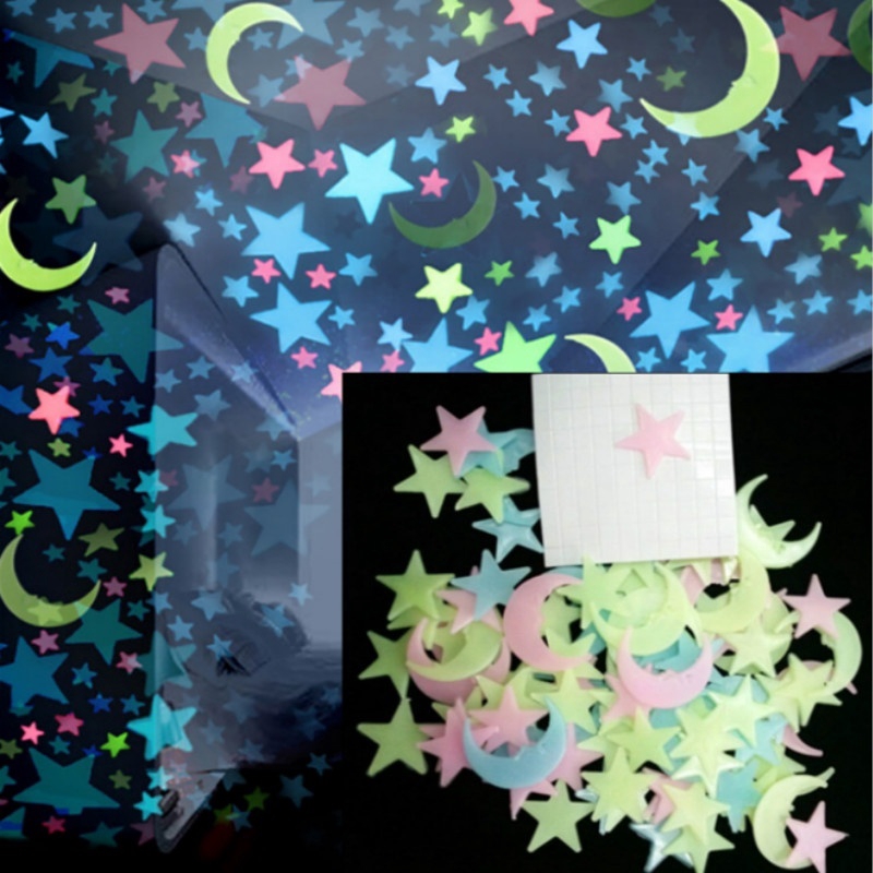 Set 100 Miếng Dán Tường Dạ Quang Hình Trăng Sao