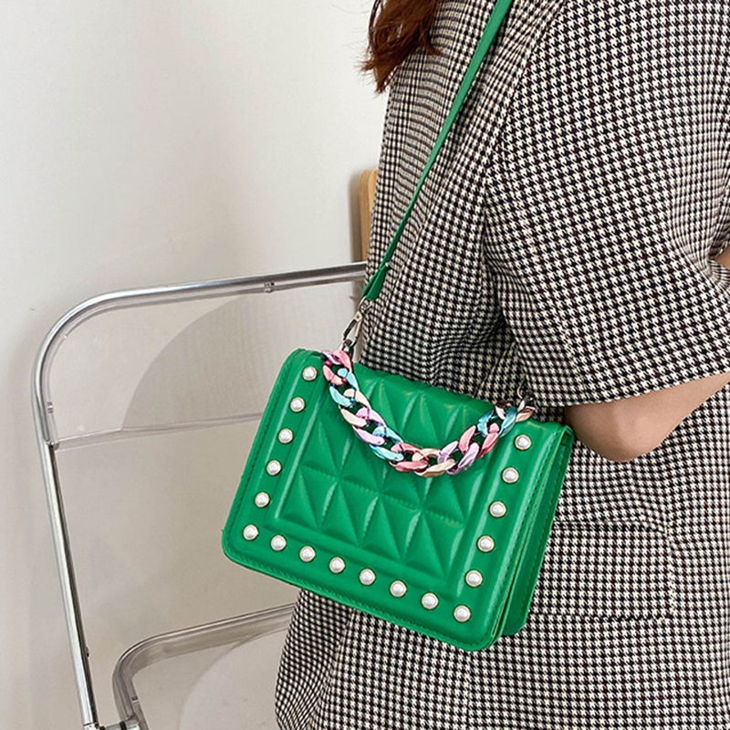 Túi xách đeo vai IELGY hình vuông cỡ nhỏ phối dây đeo sợi xích phong cách phương Tây thời trang cho nữ