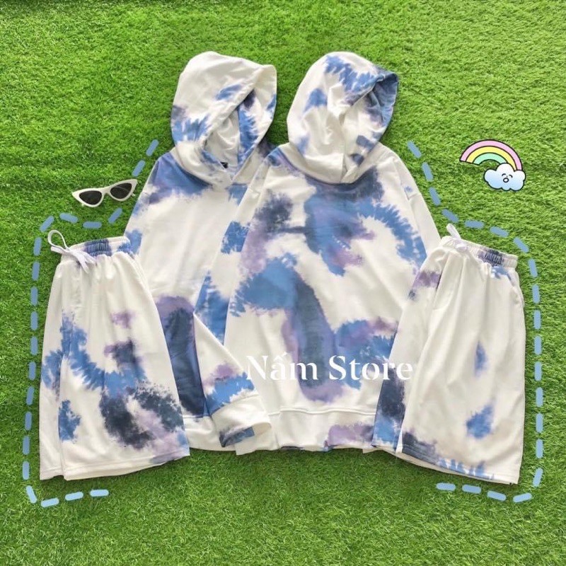 Set Áo Hoodie 3D Unisex Dáng Rộng Kèm Quần Short - Set Bộ Hoodie From Rộng Loang Màu