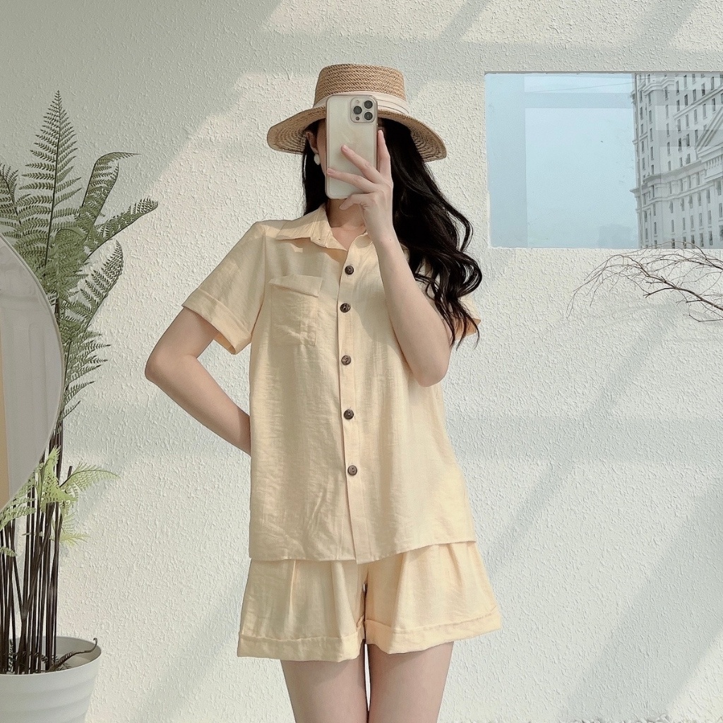 Set đồ nữ cổ sơ mi cài cúc ngắn tay chất liệu vải tơ xước cao cấp mềm mịn thiết kế Eva Lover