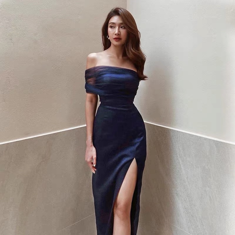 (Order Taobao) Đầm dáng ôm body dự tiệc bệt vai phối lưới xẻ đùi xanh navy (TB)