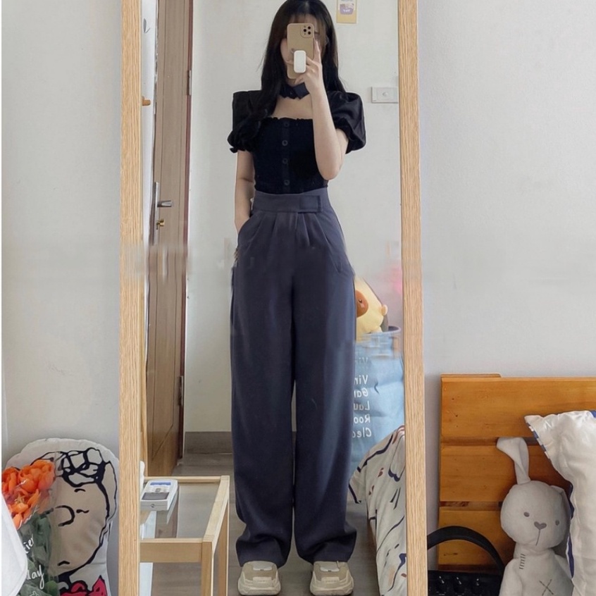Quần tây ống rộng nữ ulzzang lưng cao dáng đứng suông dài cạp Dán màu đen mềm Quần vải ống rộng xuông nữ đi học công sở