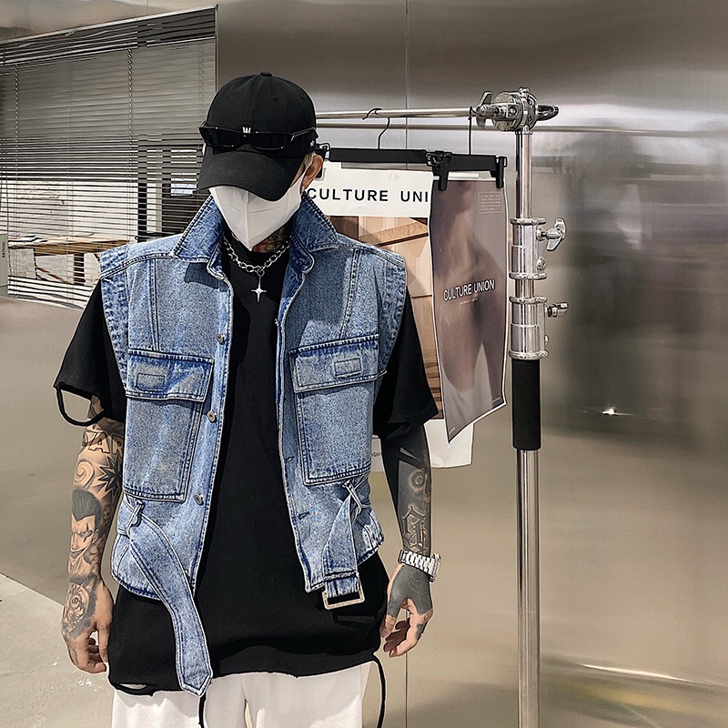 Áo khoác denim không tay phong cách Hồng Kông cho nam