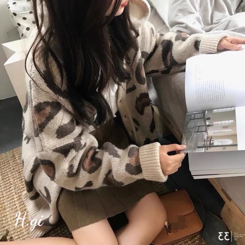 Áo khoác cadigan len da beo, len nữ vintage siêu xinh